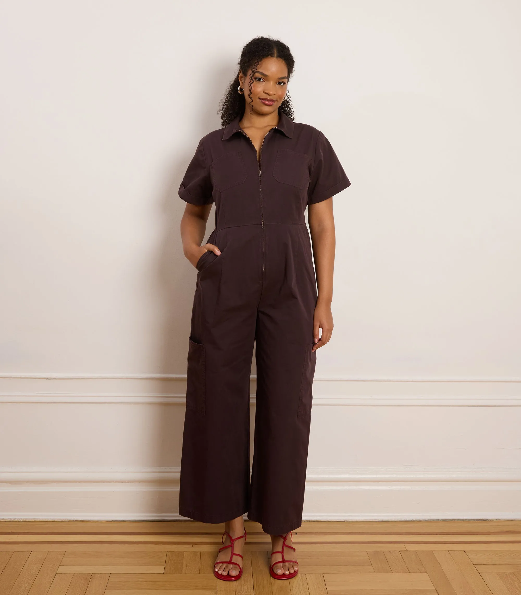 Bella Short Sleeve Cargo Jumpsuit - Dark Cocoa sold by Loup