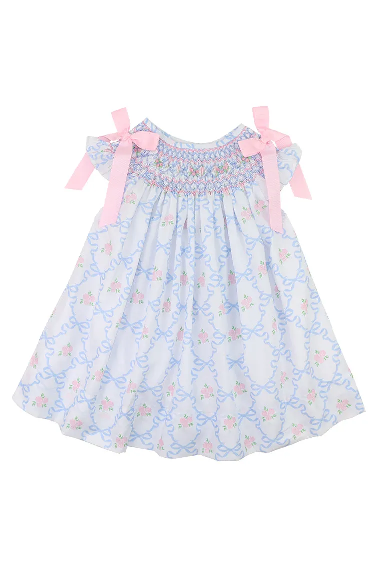 Cecil & Lou Girls Pink and Blue Bouquet Ribbon Smoked Dress sold by LoveShackFancy