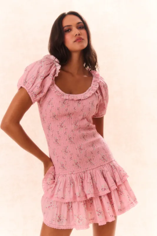 Violet Floral Cotton Smocked Drop Waist Mini Dress sold by LoveShackFancy