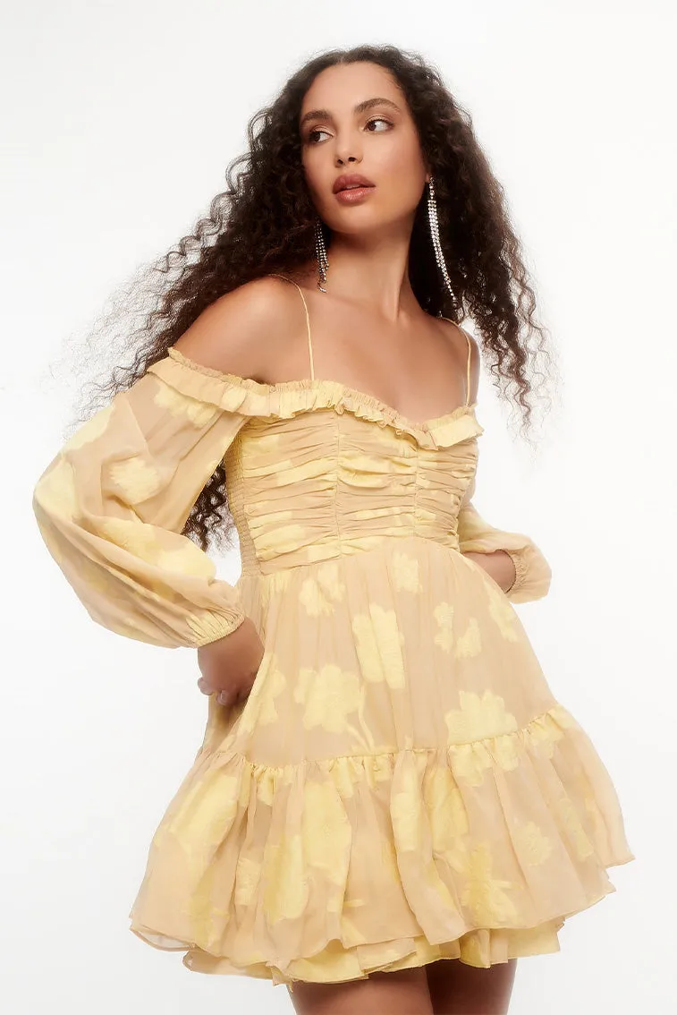 Zennia Off-Shoulder Silk Mini Dress-DAISY YELLOW sold by LoveShackFancy
