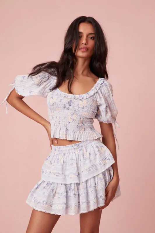 Ruffle Mini Signature Fragrance Print Skirt - WHISPER BLUE sold by LoveShackFancy