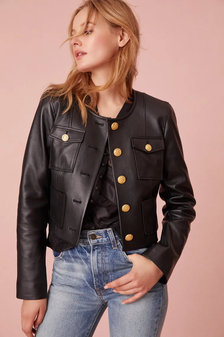 Xander Cropped Leather Jacket- BLACK sold by LoveShackFancy