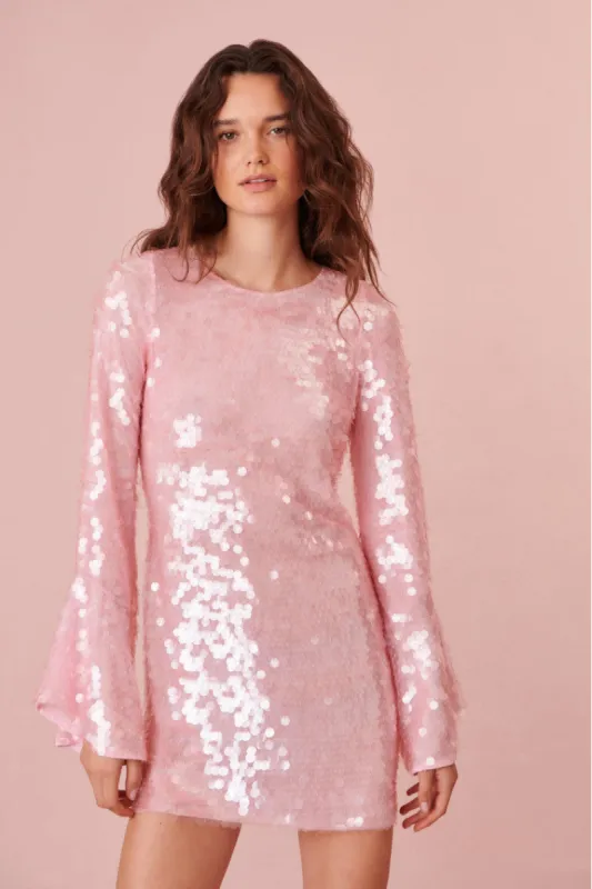 Annabella Sequin Bell Sleeve Mini Dress sold by LoveShackFancy
