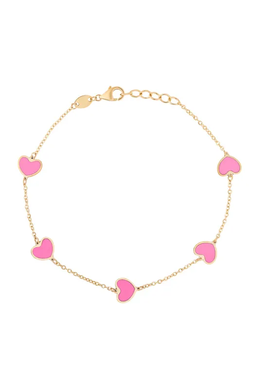 OUF! By Sara Love Pink Hearts 14k Gold Bracelet sold by LoveShackFancy