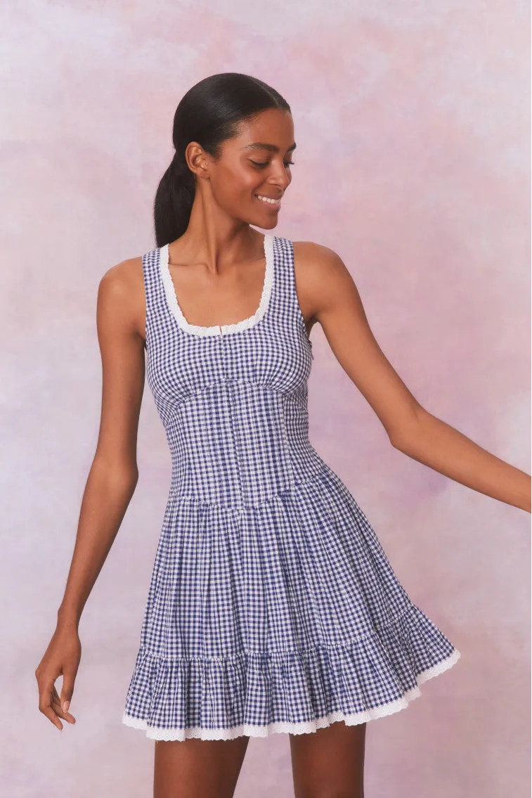 Ceronne Gingham Cotton Mini Dress-NAUTICAL TWILIGHT sold by LoveShackFancy