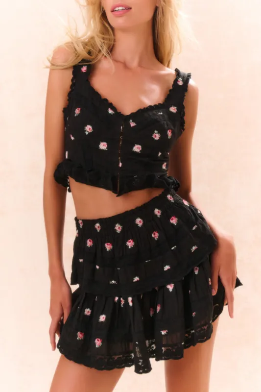 Ruffle Mini Embroidered Floral Skirt sold by LoveShackFancy
