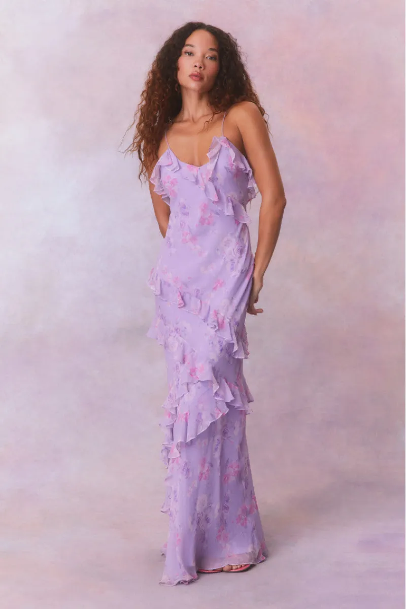 open lace back dress Love Shack Fancy Rialto Gown Sterling Dusk – shortandsweethire main image 0
