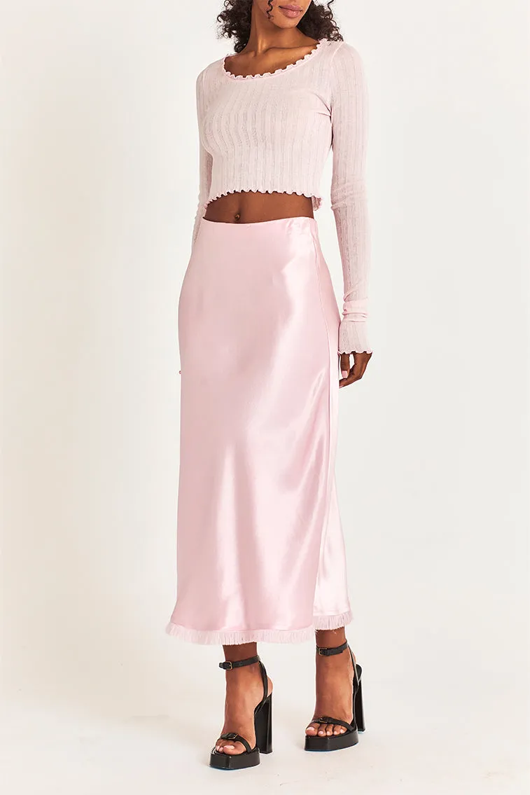 Castle Satin Midi Skirt-LIGHT LILAC sold by LoveShackFancy