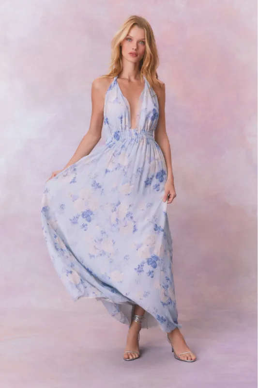 Love Fragrance Halter Maxi Dress-WHISPER BLUE sold by LoveShackFancy