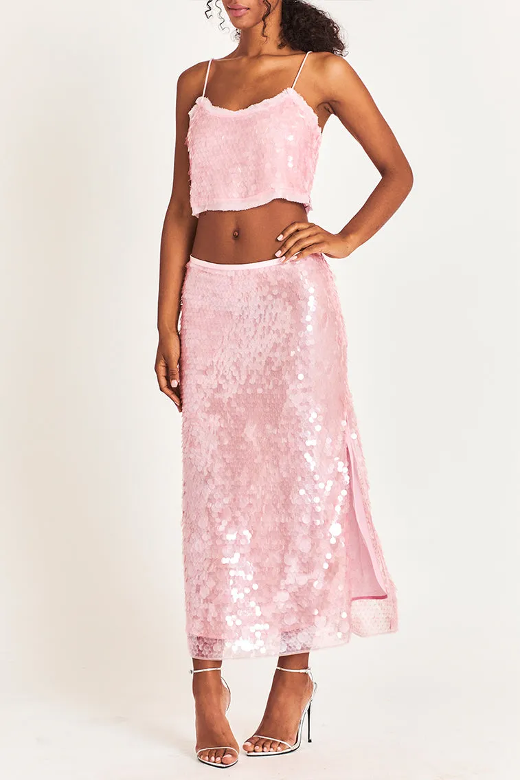 Miller Sequin Skirt- SHEER PINK sold by LoveShackFancy