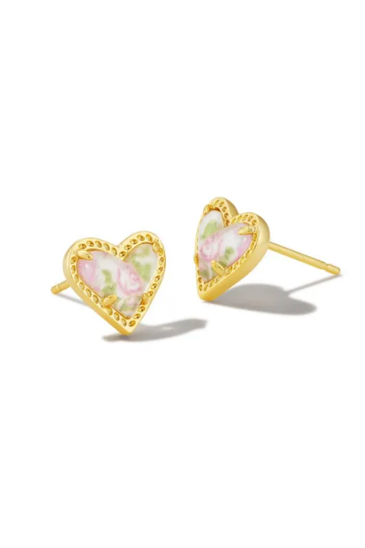 Kendra Scott x LoveShackFancy Gold Ari Heart Stud Earrings in Marie Pink Blooming Heirloom Illusion sold by LoveShackFancy