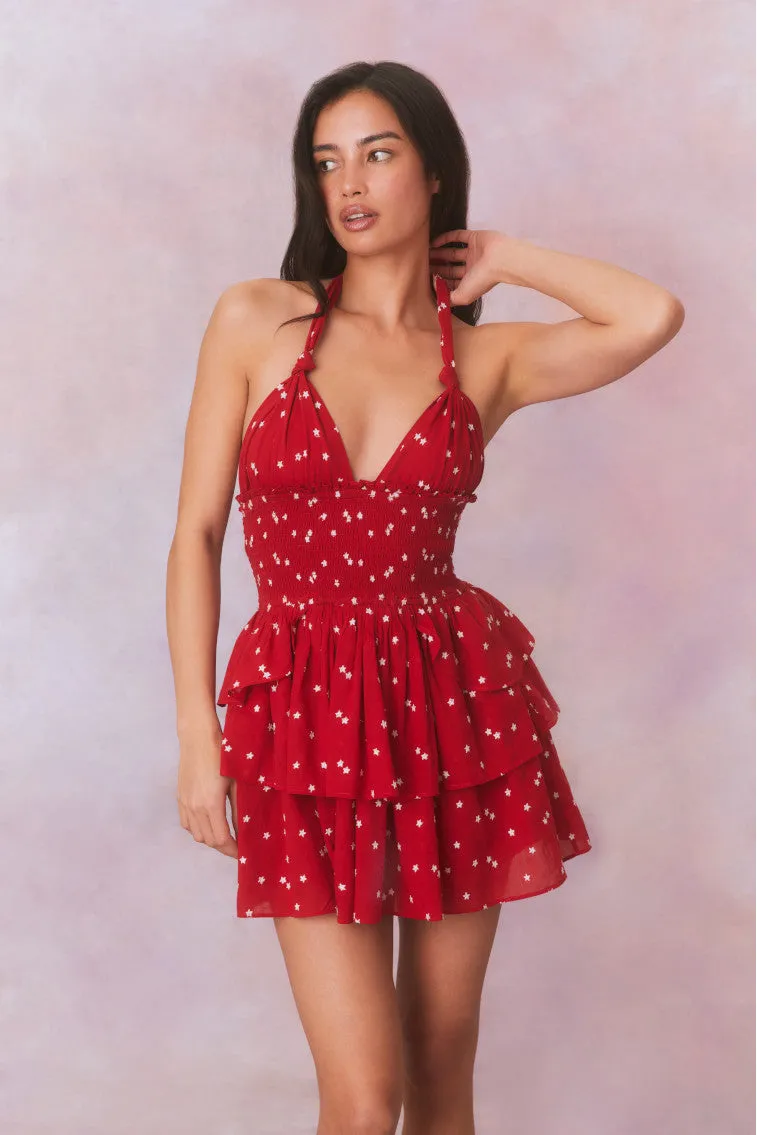 Deanna Star Print Cotton Halter Mini Dress-SCARLET TIDE sold by LoveShackFancy