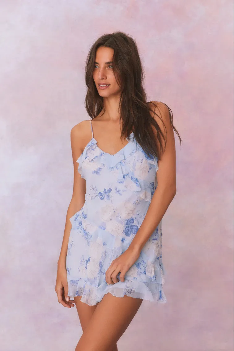 Lomina Fragrance Print Silk Mini Dress-WHISPER BLUE sold by LoveShackFancy product image thumbnail 3