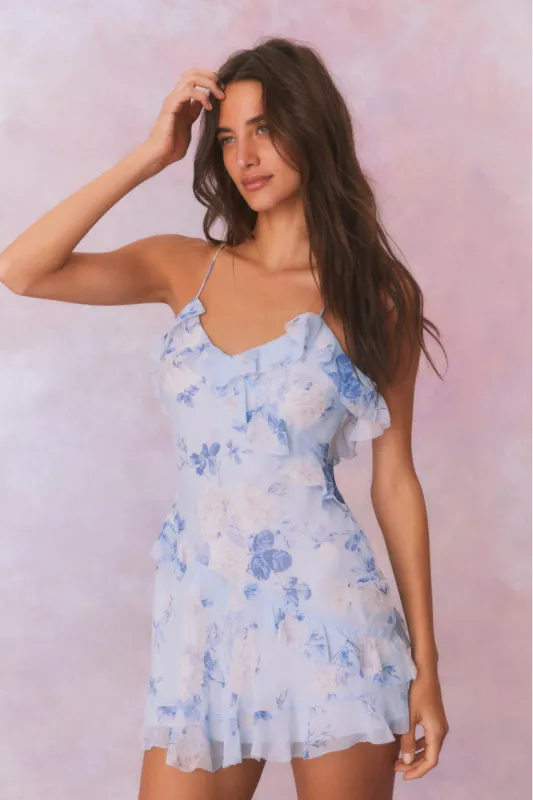 Lomina Fragrance Print Silk Mini Dress-WHISPER BLUE sold by LoveShackFancy