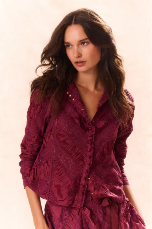 Isaline Button Down Lace Top - OXBLOOD made by LoveShackFancy