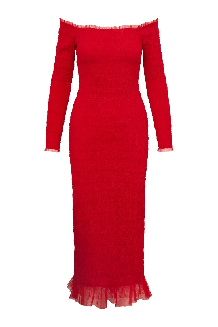 Avelle Smocked Tulle Midi Dress sold by LoveShackFancy