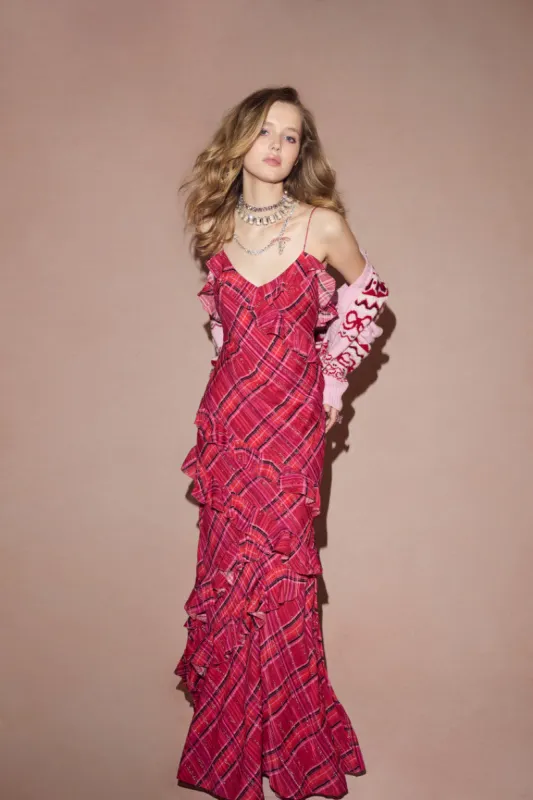 Rialto Silk Tartan Dress - CHEERY RED sold by LoveShackFancy