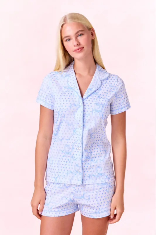 LoveShackFancy x Roller Rabbit Luna Bow Hearts Polo Pajamas sold by LoveShackFancy
