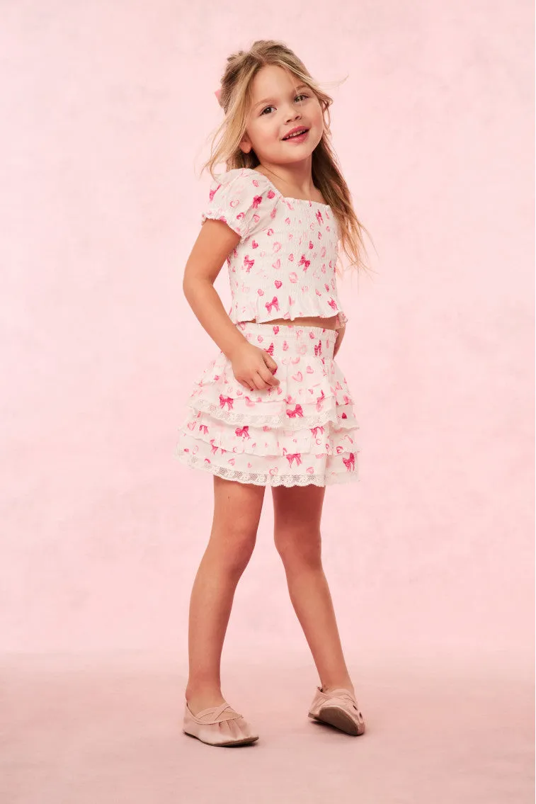 Girls Billie Bow & Kiss Print Ruffle Skirt sold by LoveShackFancy