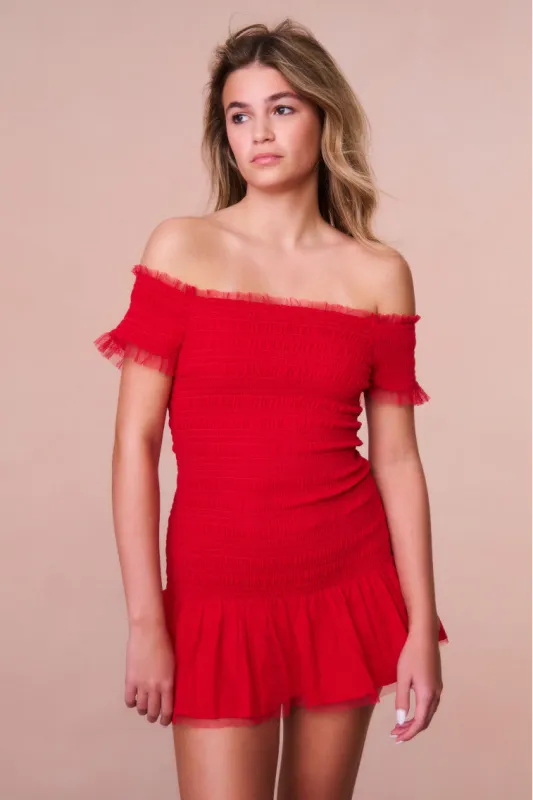 Girls Mosa Off-The-Shoulder Mini Dress - CRIMSON RED sold by LoveShackFancy