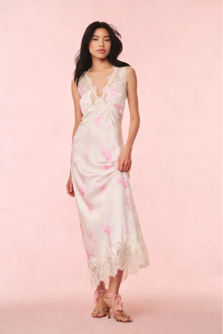 Serene Satin Lace-Trimmed Maxi Dress sold by LoveShackFancy