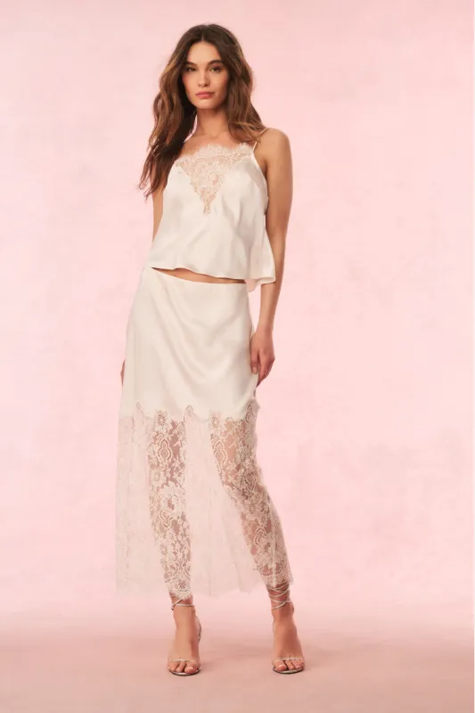Ilene Satin Lace Maxi Skirt sold by LoveShackFancy