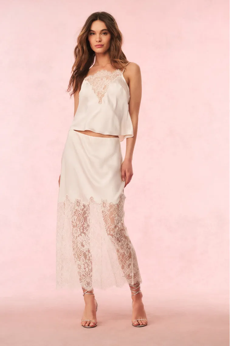 Ilene Satin Lace Maxi Skirt sold by LoveShackFancy