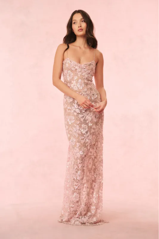 Ciona Sequin Chantilly Lace Gown sold by LoveShackFancy