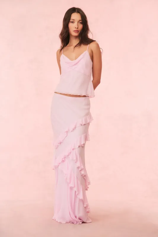 Mitnessa Chiffon Ruffle Maxi Skirt sold by LoveShackFancy