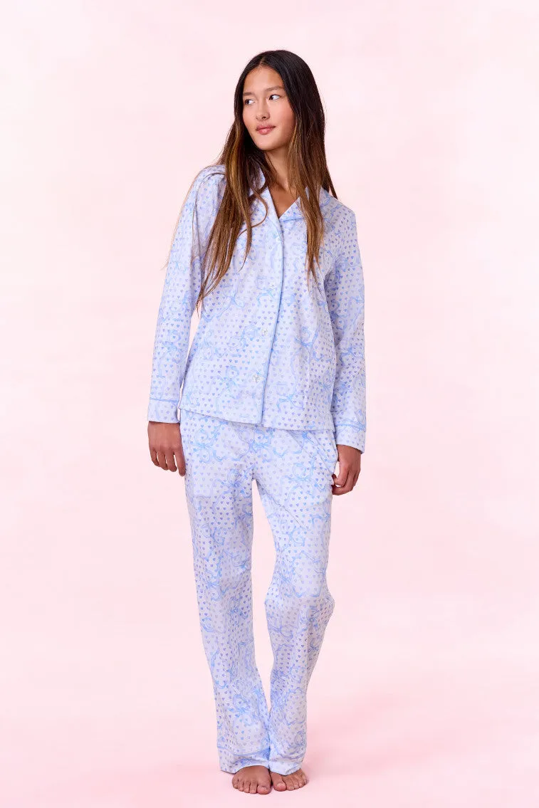 LoveShackFancy x Roller Rabbit Luna Bow Hearts Long Sleeve Polo Pajamas sold by LoveShackFancy