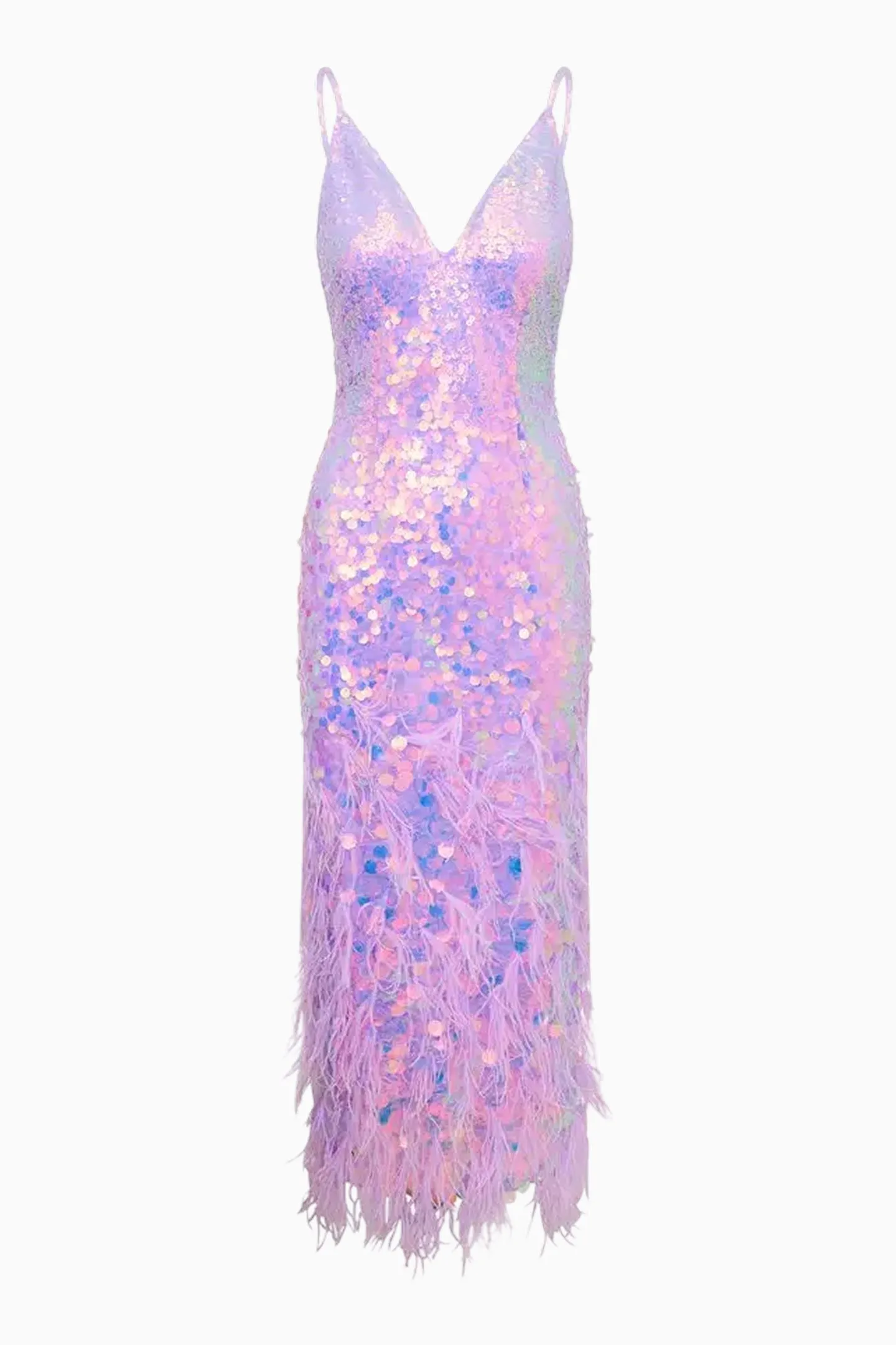Miriana Iridescent Midi Dress With Feathers - LILAC sold by LoveShackFancy