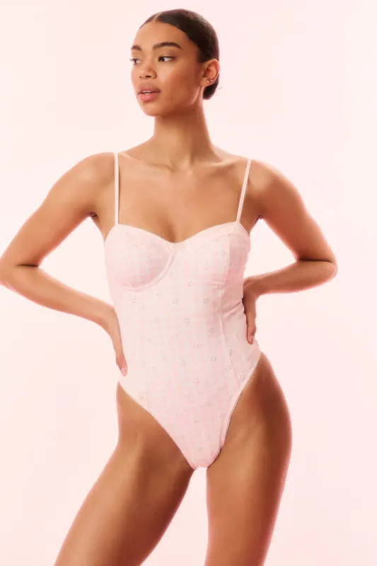Mina Gingam Eyelet One-Piece Swimsuit sold by LoveShackFancy