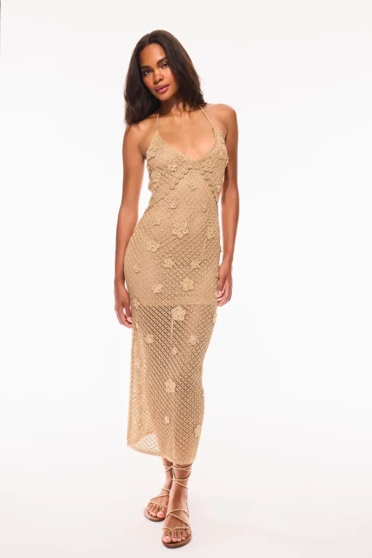 Vreya Metallic Crochet Halter Dress sold by LoveShackFancy
