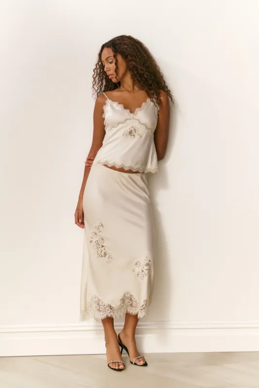 Vivia Satin Lace Midi Skirt sold by LoveShackFancy