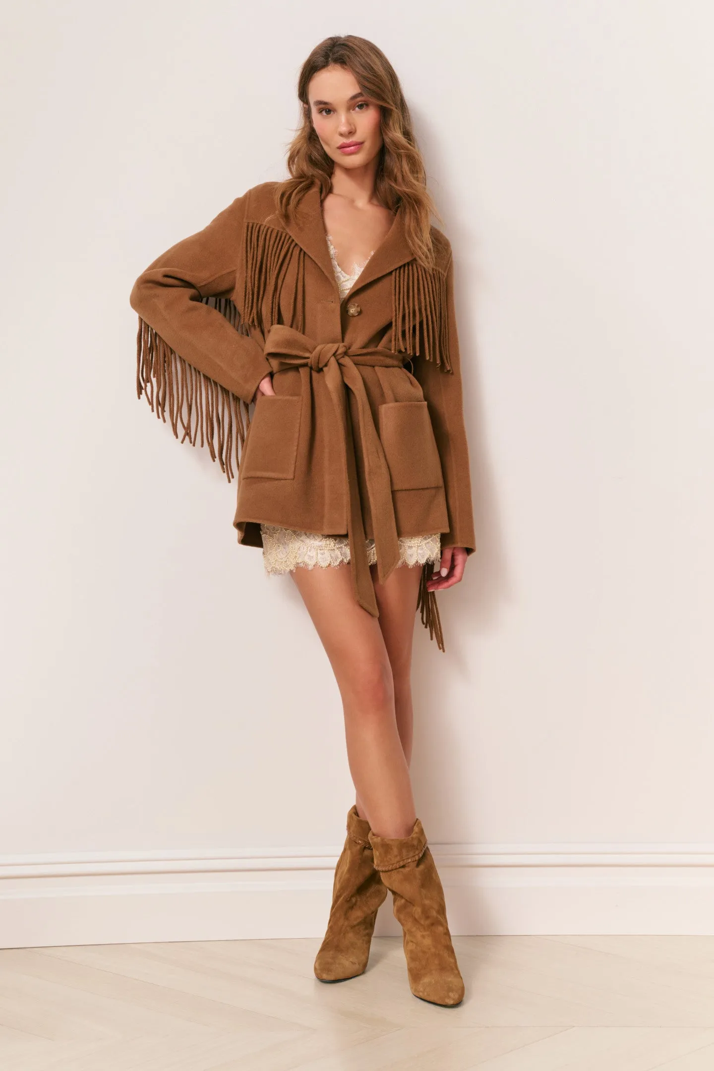 Maebella Wool Fringe Jacket sold by LoveShackFancy