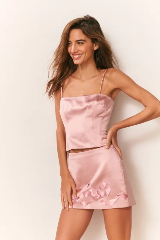 Nadina Satin Bow Detail Mini Skirt sold by LoveShackFancy