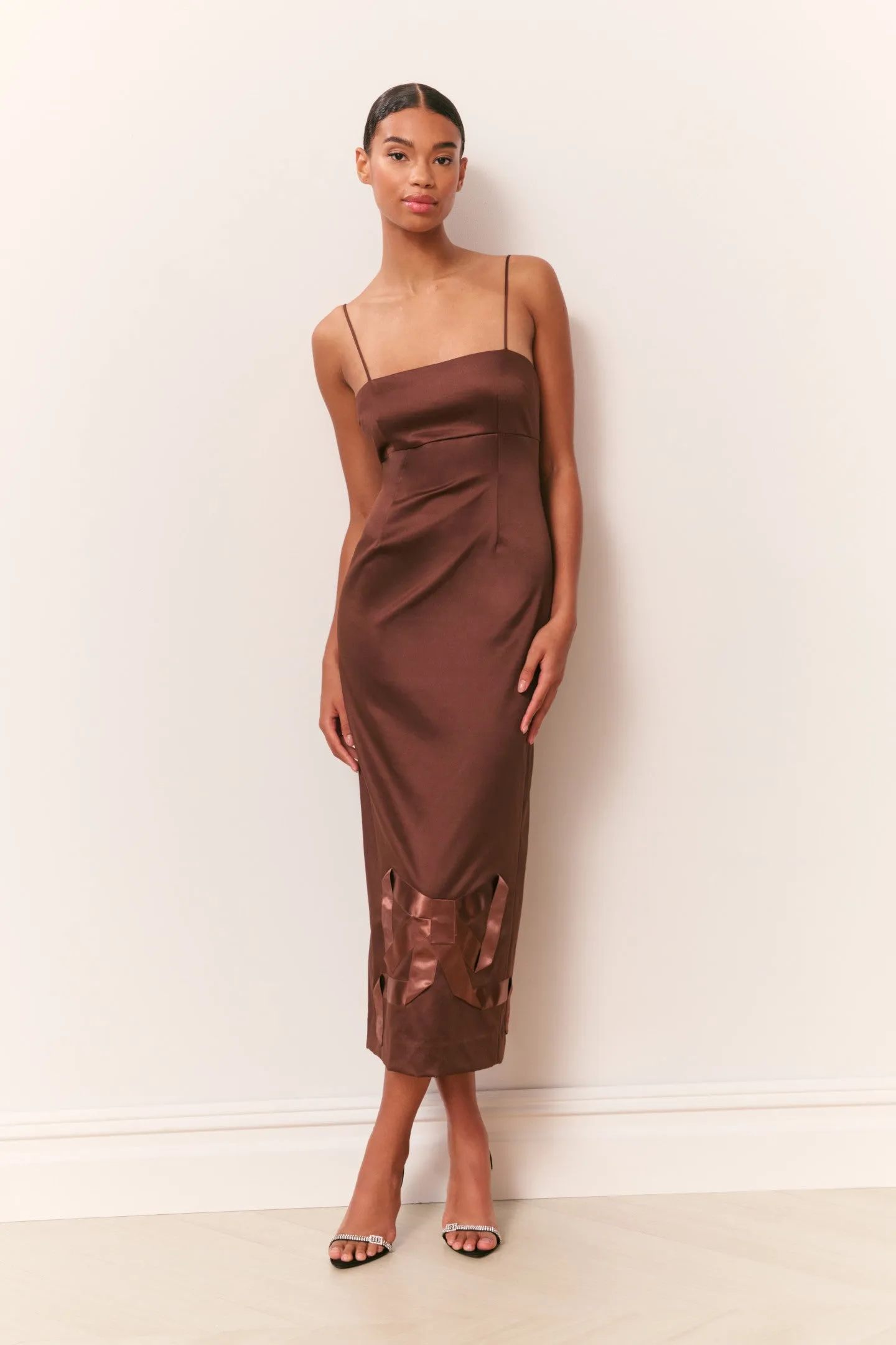 Calise Satin Bow Detail Midi Dress sold by LoveShackFancy