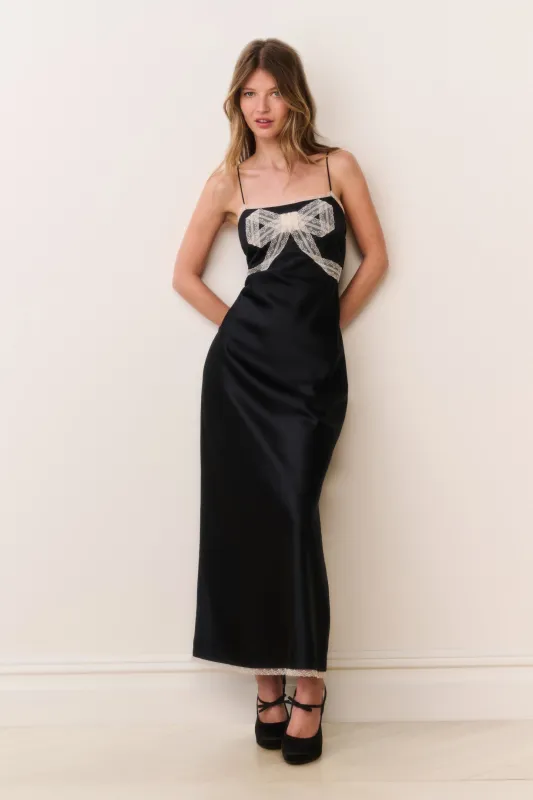 Isolie Lace Bow Crepe Maxi Dress sold by LoveShackFancy