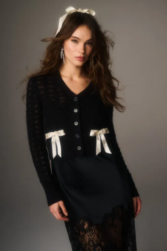 Lilly Alpaca-Blend Bow Cardigan - MIDNIGHT ICE sold by LoveShackFancy