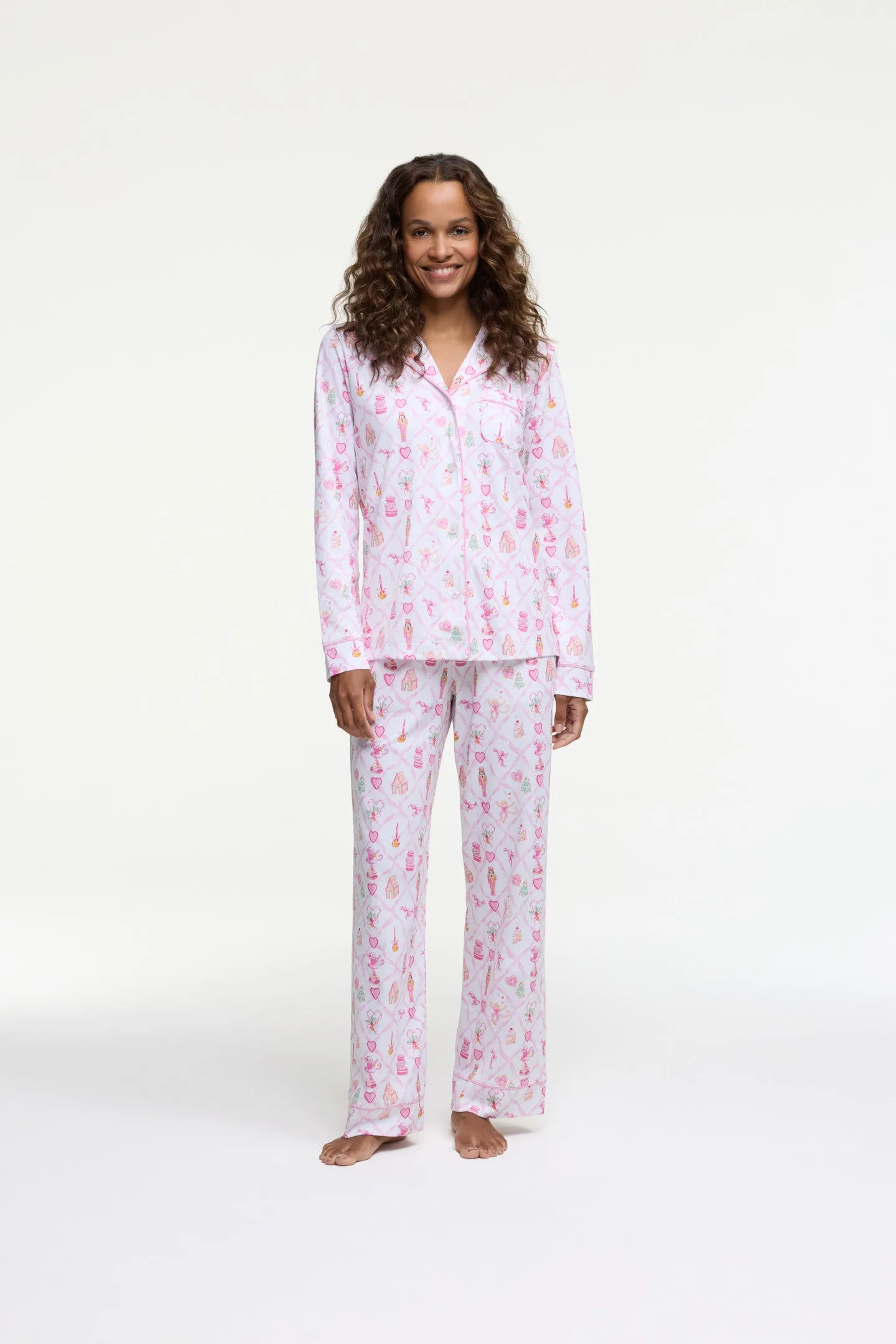 LoveShackFancy x Roller Rabbit Sugarplum Lattice Long Sleeve Polo Pajamas sold by LoveShackFancy