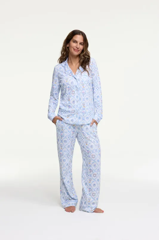 LoveShackFancy x Roller Rabbit Starry Nights Lattice Long Sleeve Polo Pajamas made by LoveShackFancy