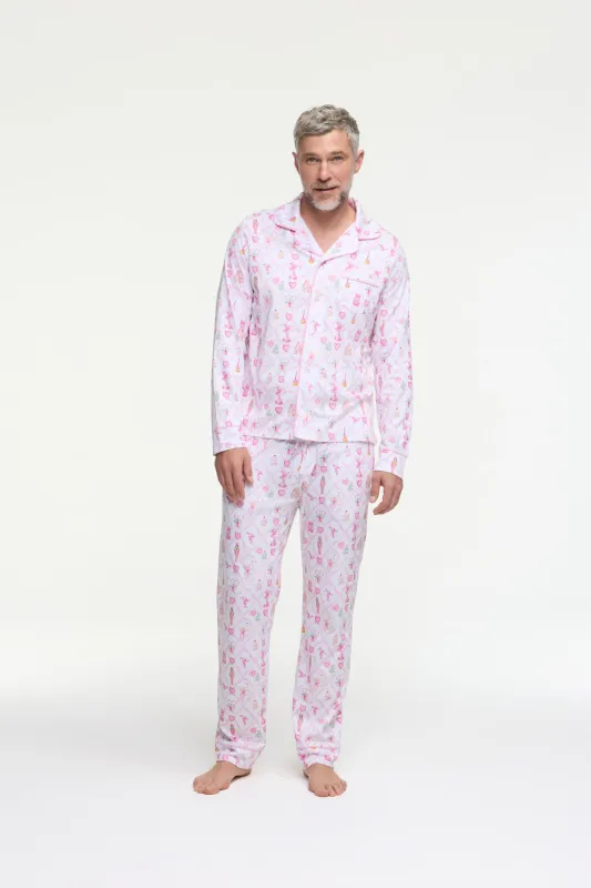 LoveShackFancy x Roller Rabbit Mens Sugarplum Lattice Long Sleeve Polo Pajamas sold by LoveShackFancy