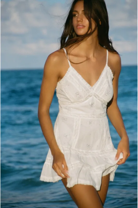 Solbina Crystal Bow Cotton Mini Dress - WHITE made by LoveShackFancy