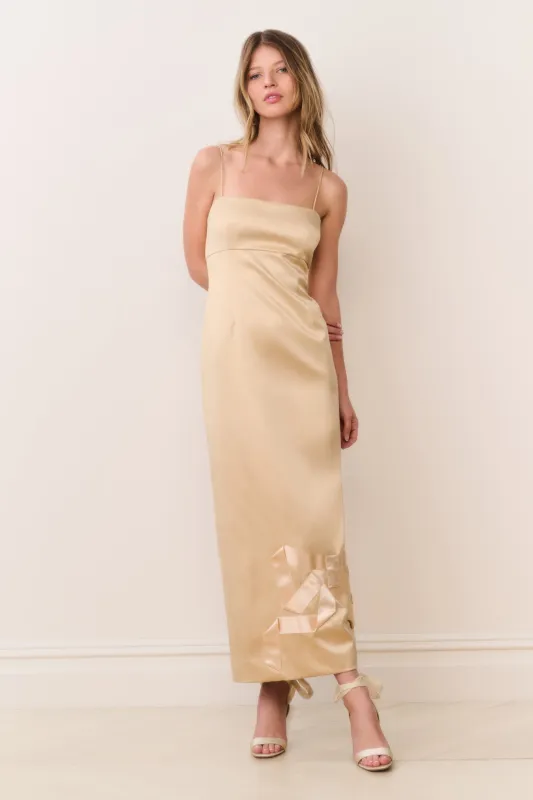 Calise Satin Bow Detail Midi Dress - GOLD made by LoveShackFancy