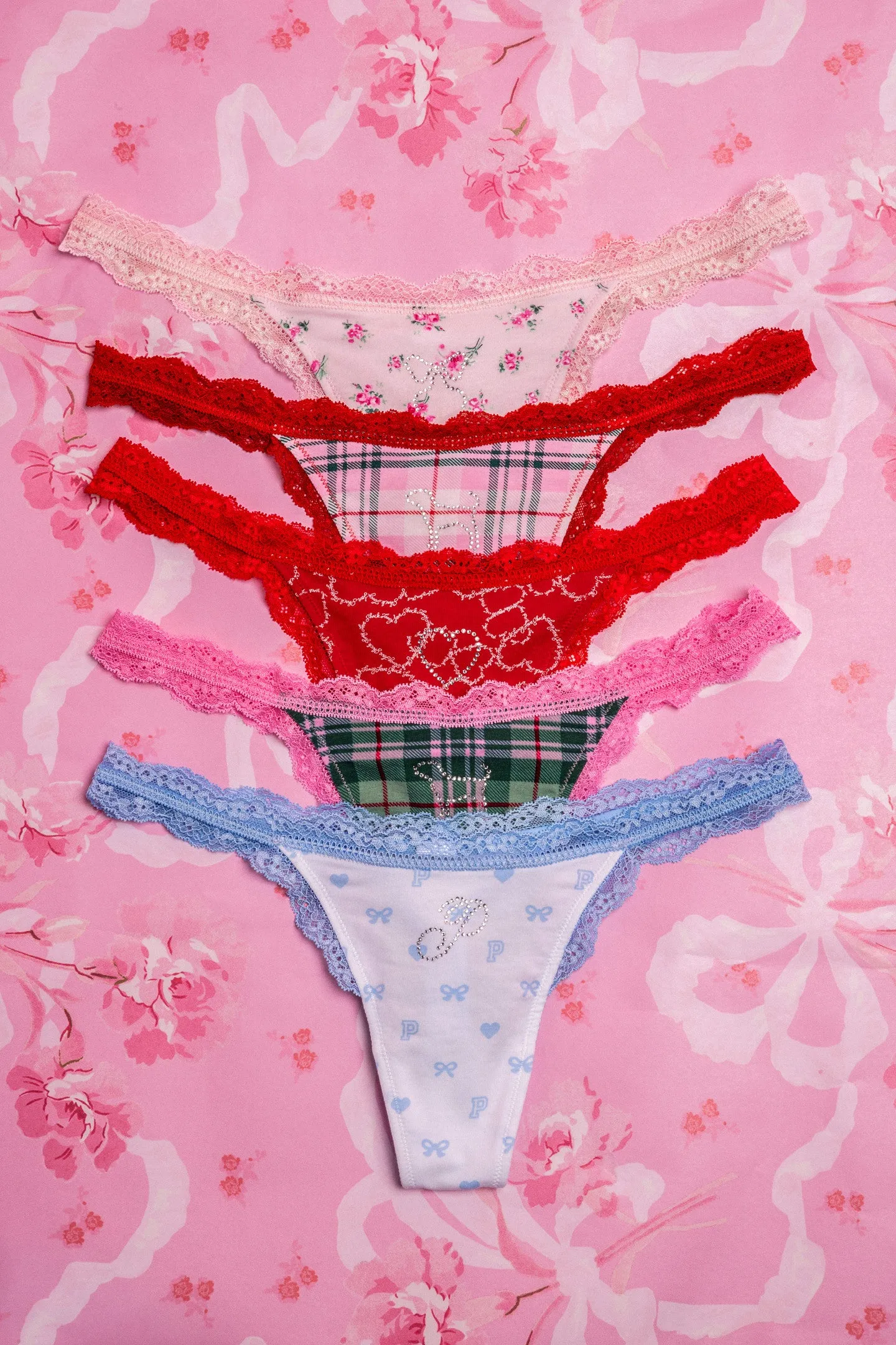 PINK x LoveShackFancy Wink Cotton Thong Panties - Pack of 5 sold by LoveShackFancy