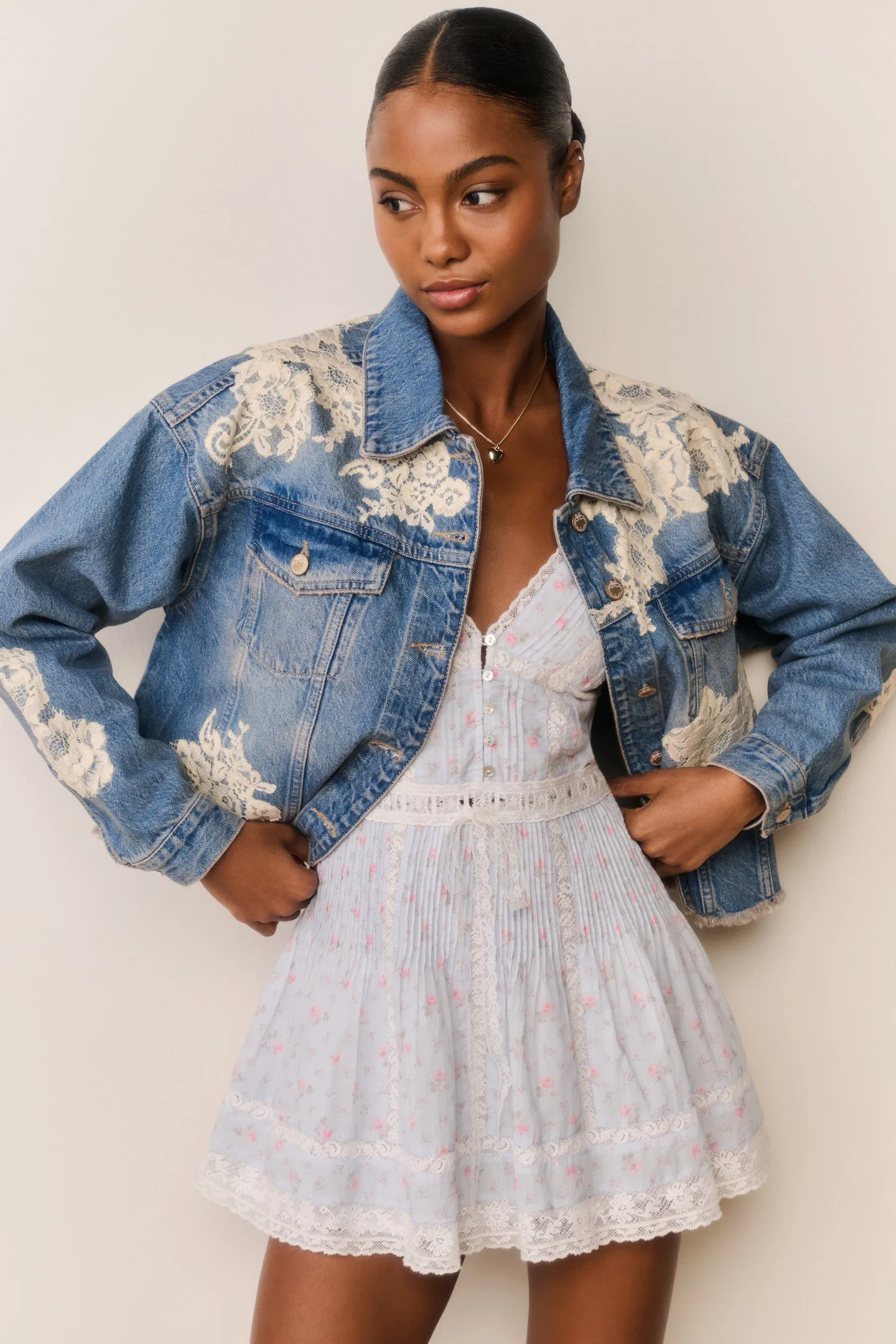 Amana Lace Appliqué Denim Jacket sold by LoveShackFancy