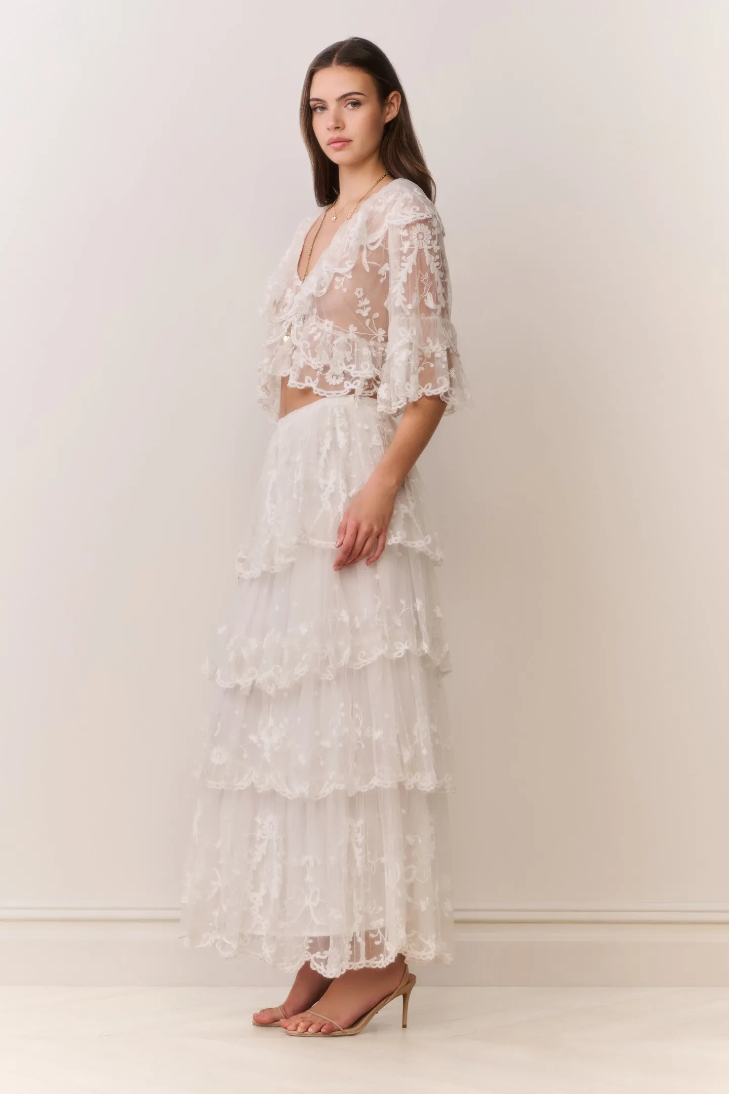 Celesa Embroidered Mesh Tiered Maxi Skirt sold by LoveShackFancy product image thumbnail 4