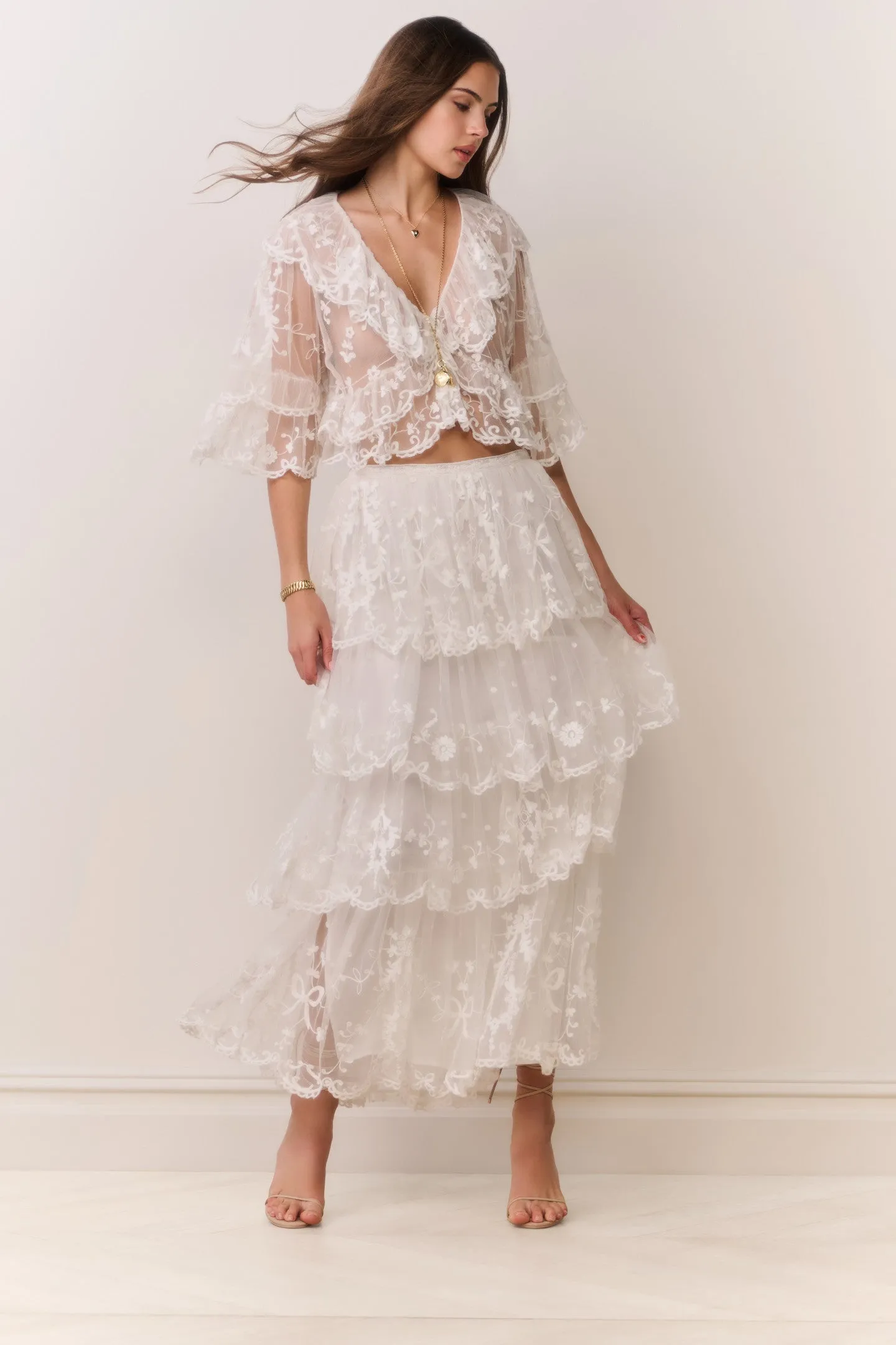 Celesa Embroidered Mesh Tiered Maxi Skirt sold by LoveShackFancy product image thumbnail 3