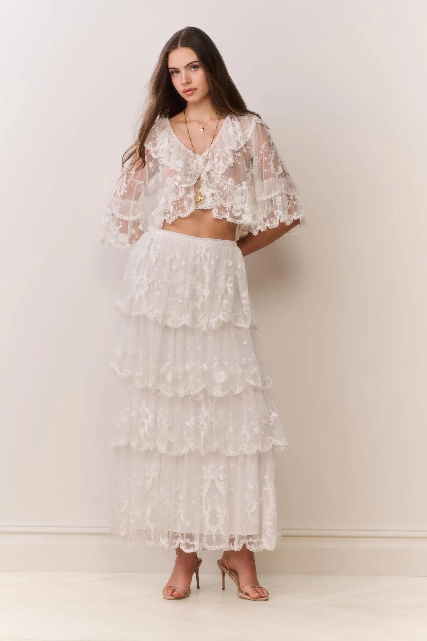 Celesa Embroidered Mesh Tiered Maxi Skirt sold by LoveShackFancy product image thumbnail 5