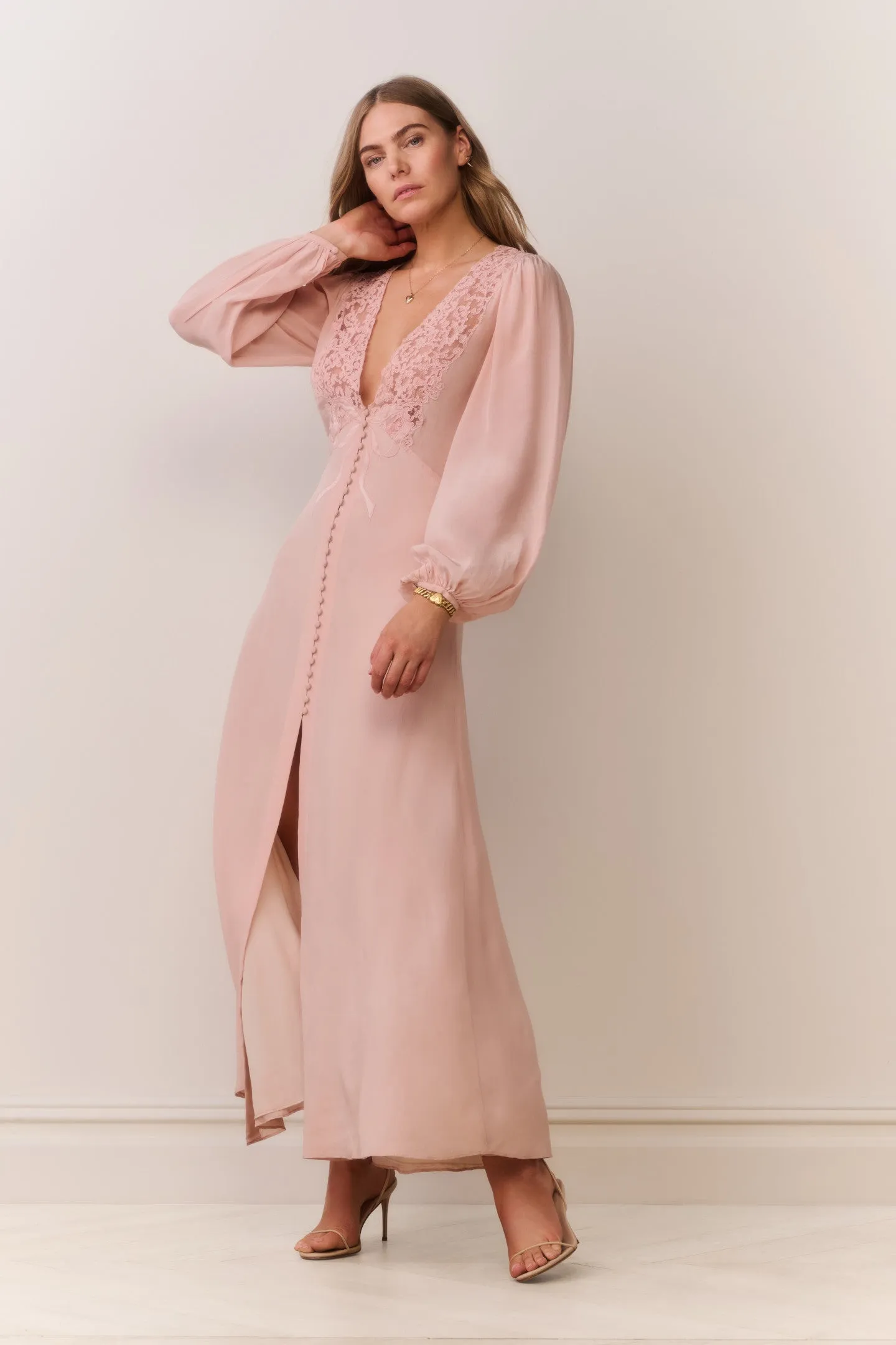 Lina Silk Lace-Trimmed Maxi Dress sold by LoveShackFancy